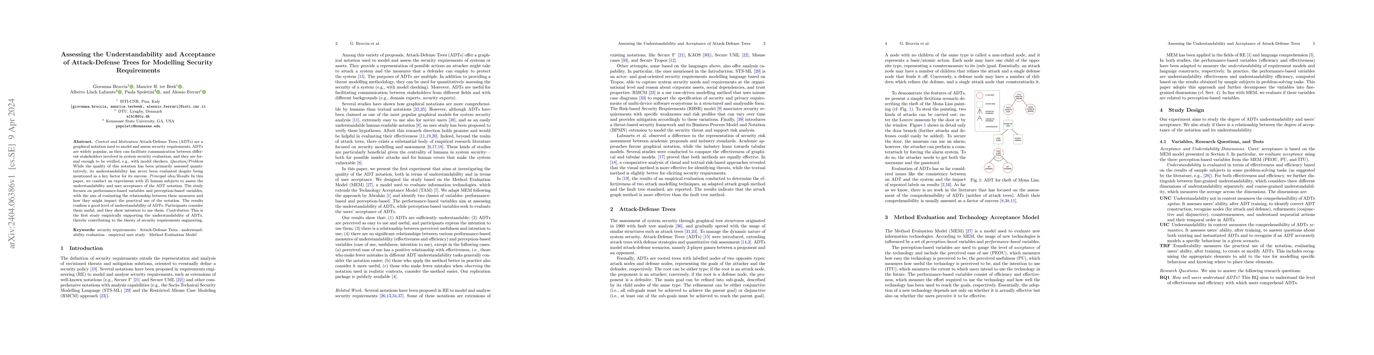 Thumbnail for Assessing the Understandability and Acceptance of Attack-Defense Trees
  for Modelling Security Requirements