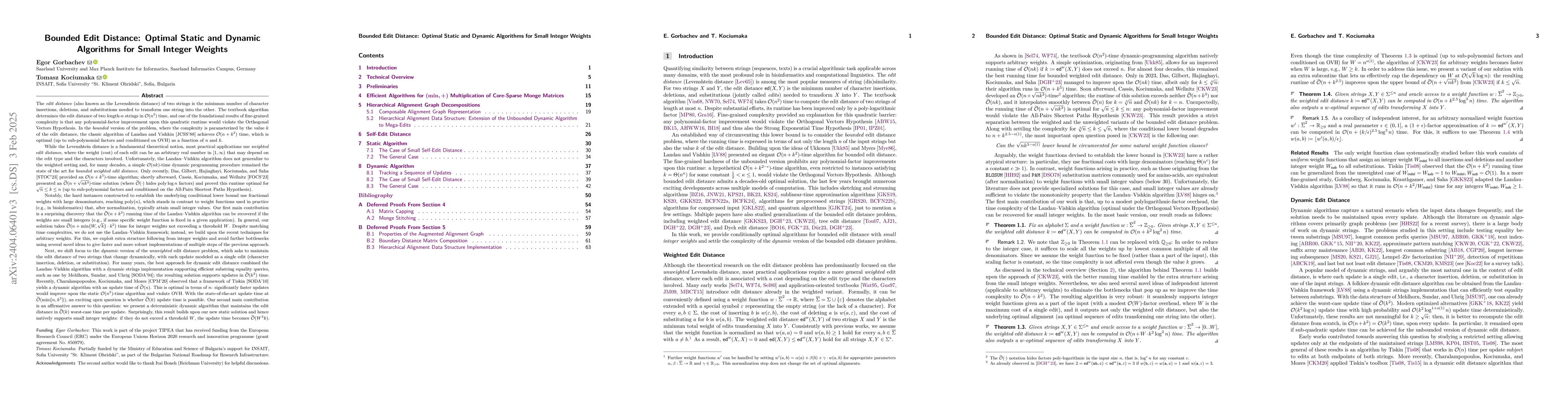 Thumbnail for Bounded Edit Distance: Optimal Static and Dynamic Algorithms for Small
  Integer Weights
