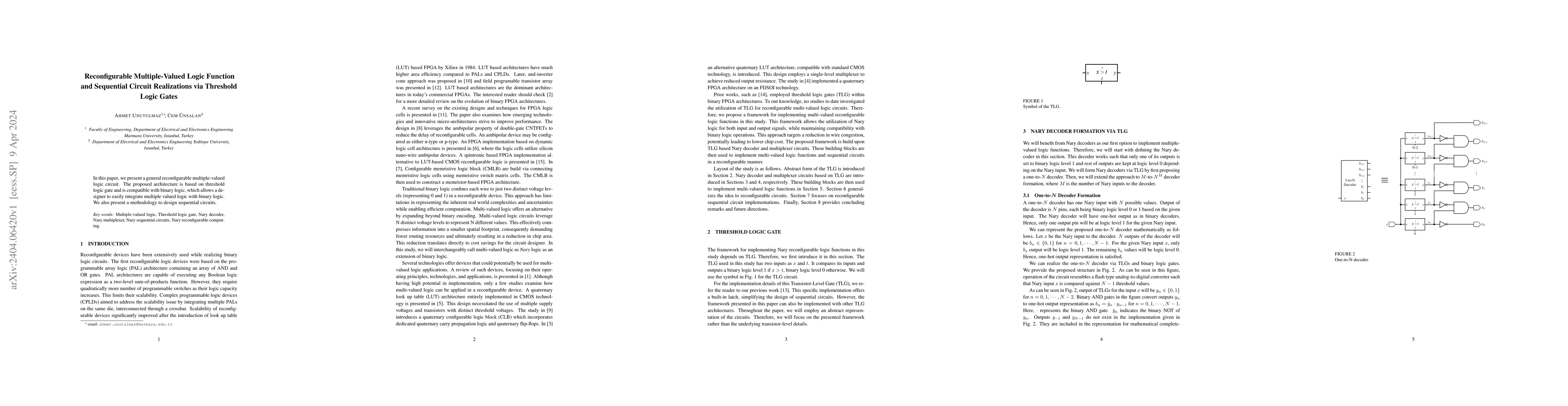 Thumbnail for Reconfigurable Multiple-Valued Logic Function and Sequential Circuit
  Realizations via Threshold Logic Gates