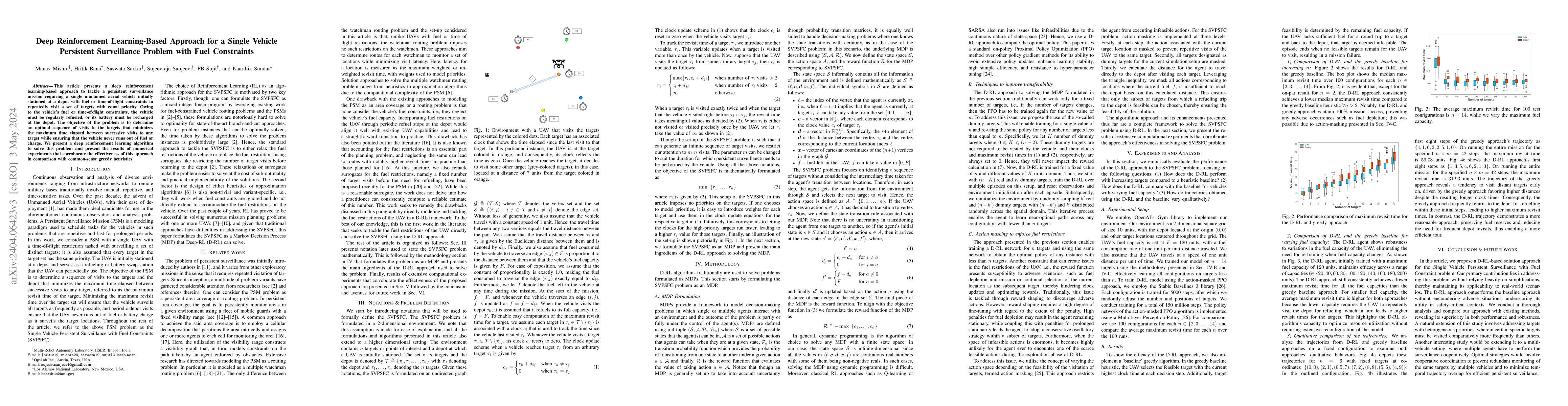 Thumbnail for Deep Reinforcement Learning-Based Approach for a Single Vehicle
  Persistent Surveillance Problem with Fuel Constraints