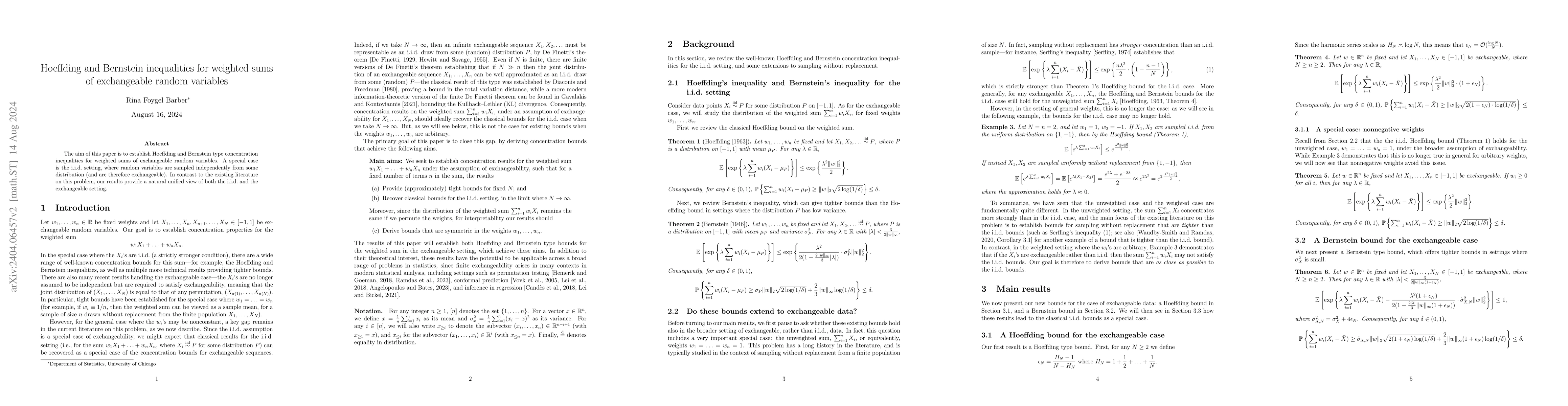 Thumbnail for Hoeffding and Bernstein inequalities for weighted sums of exchangeable
  random variables