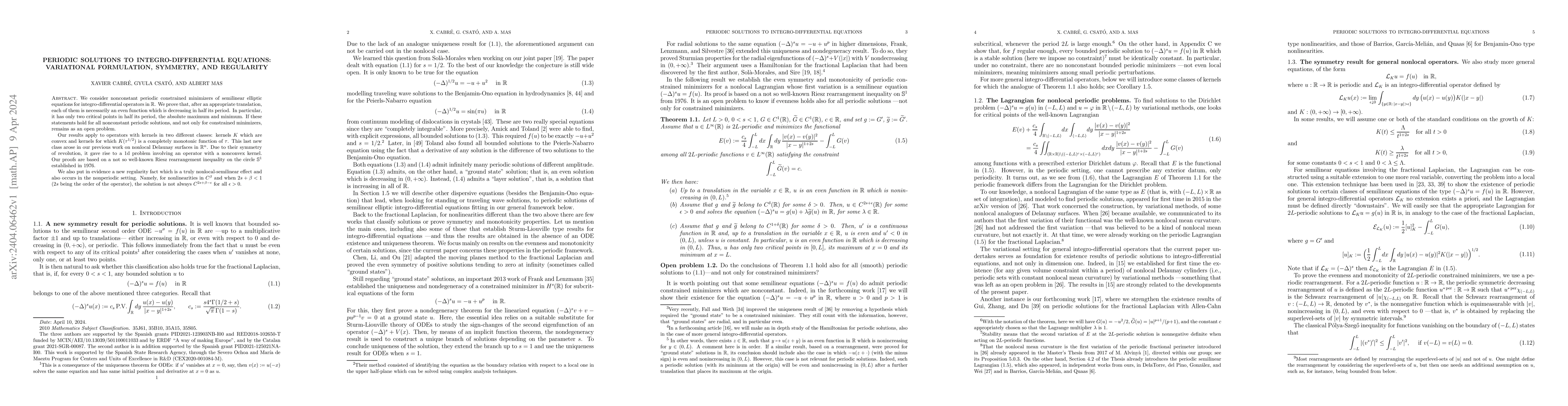 Thumbnail for Periodic solutions to integro-differential equations: variational
  formulation, symmetry, and regularity