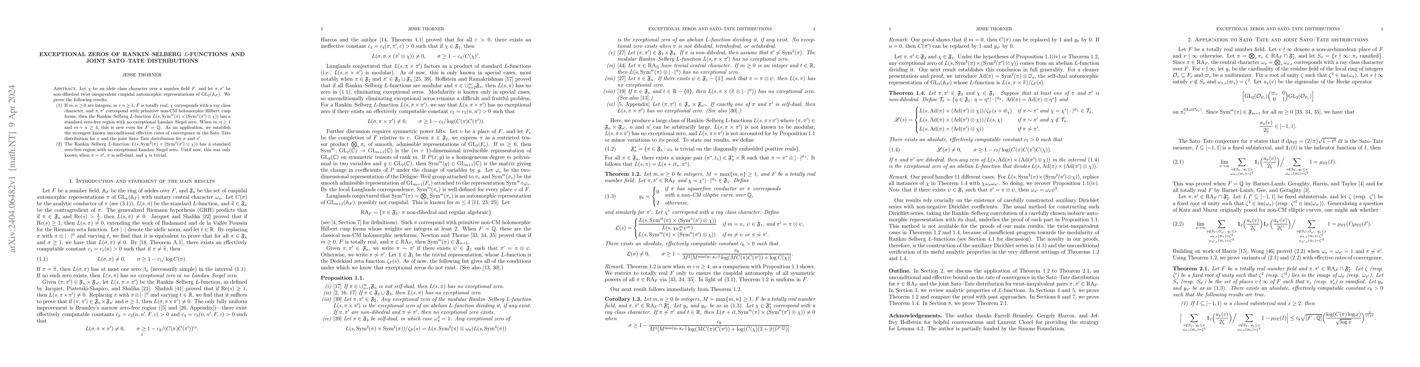Thumbnail for Exceptional zeros of Rankin-Selberg $L$-functions and joint Sato-Tate
  distributions