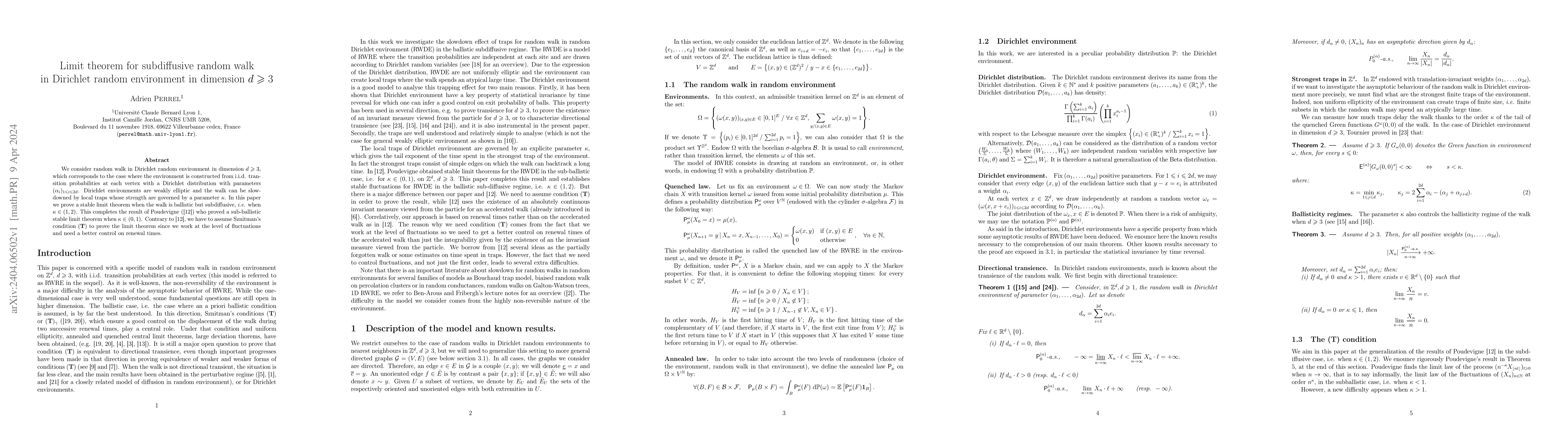 Thumbnail for Limit theorem for subdiffusive random walk in Dirichlet random
  environment in dimension $d \ge 3$