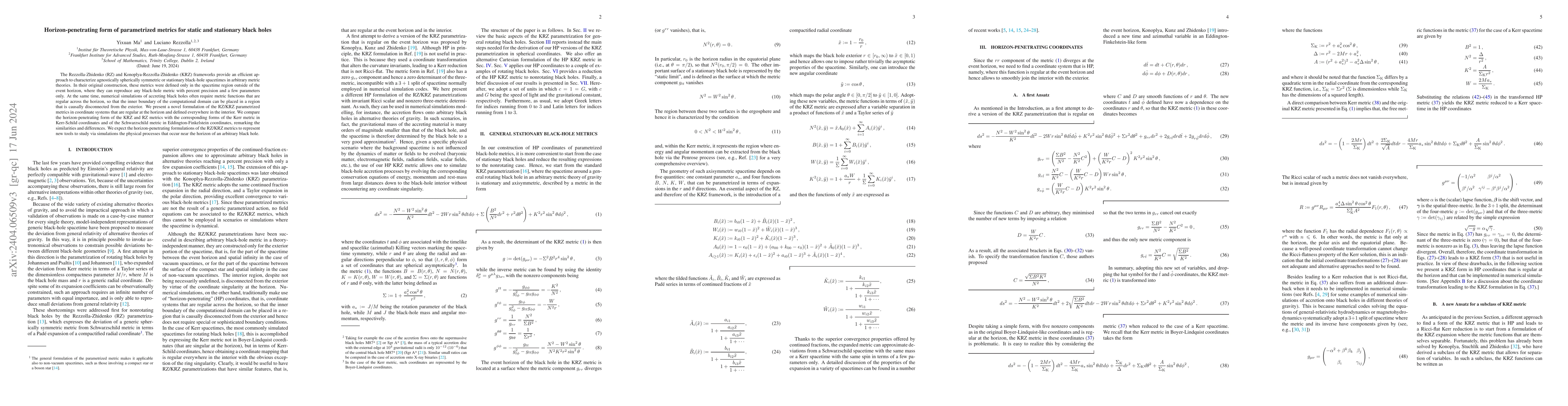 Thumbnail for Horizon-penetrating form of parametrized metrics for static and
  stationary black holes