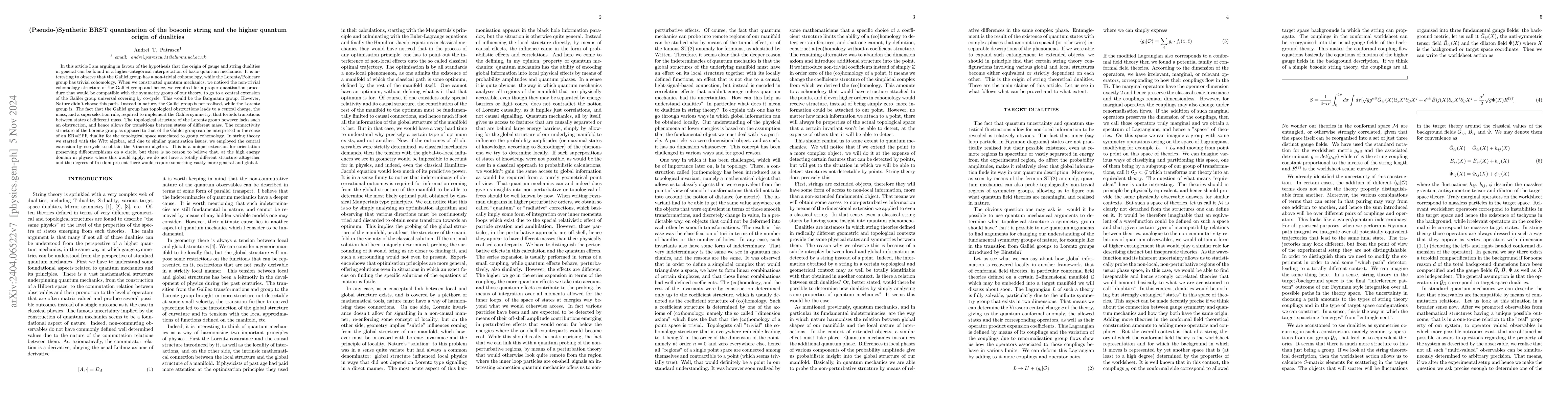 Thumbnail for (Pseudo-)Synthetic BRST quantisation of the bosonic string and the
  higher quantum origin of dualities