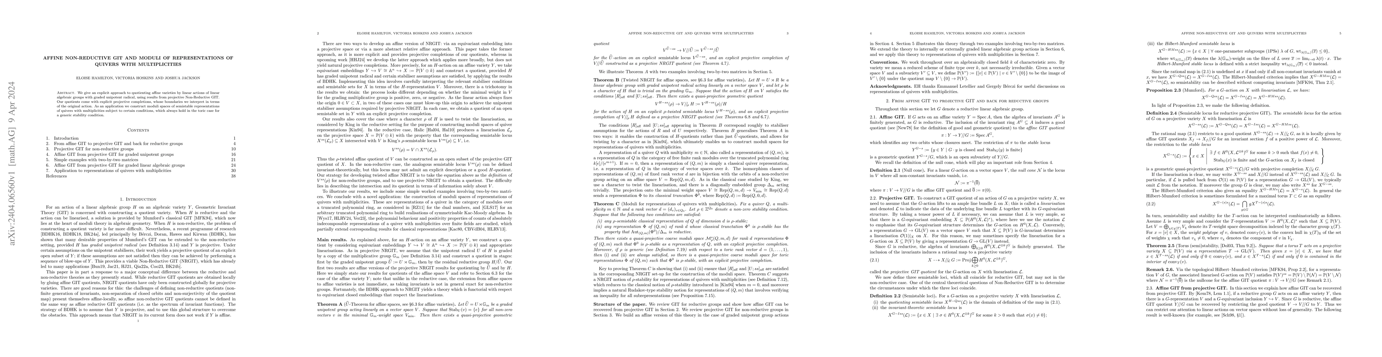 Thumbnail for Affine Non-Reductive GIT and moduli of representations of quivers with
  multiplicities