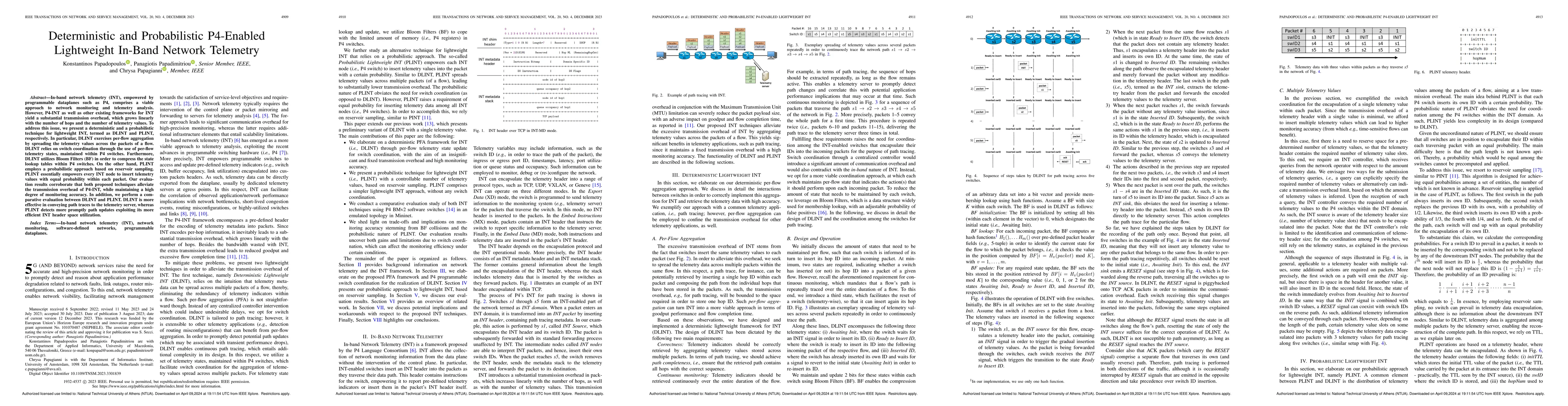 Thumbnail for Deterministic and Probabilistic P4-Enabled Lightweight In-Band Network
  Telemetry