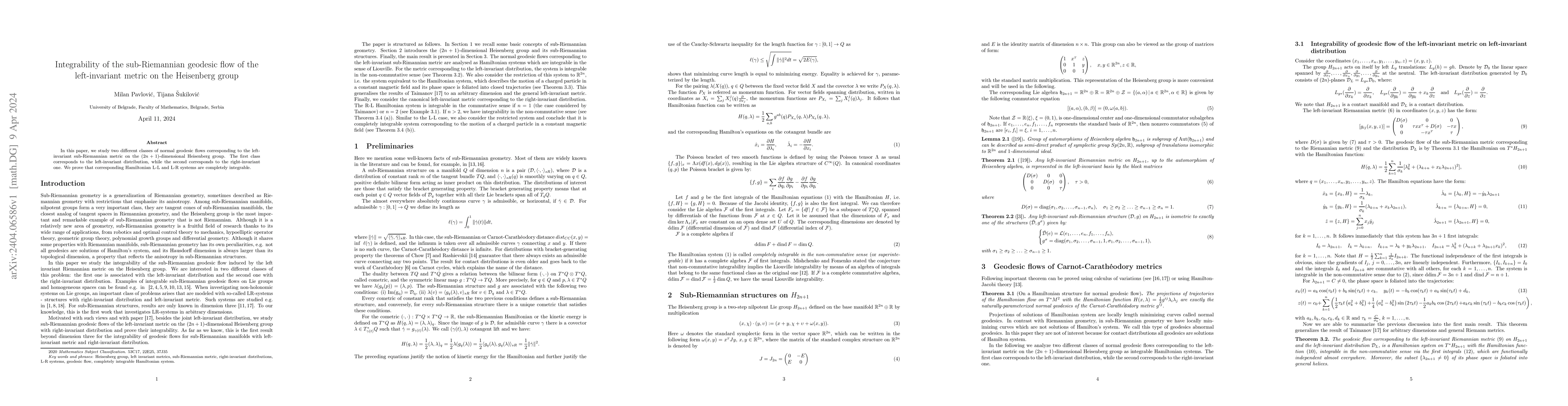 Thumbnail for Integrability of the sub-Riemannian geodesic flow of the left-invariant
  metric on the Heisenberg group