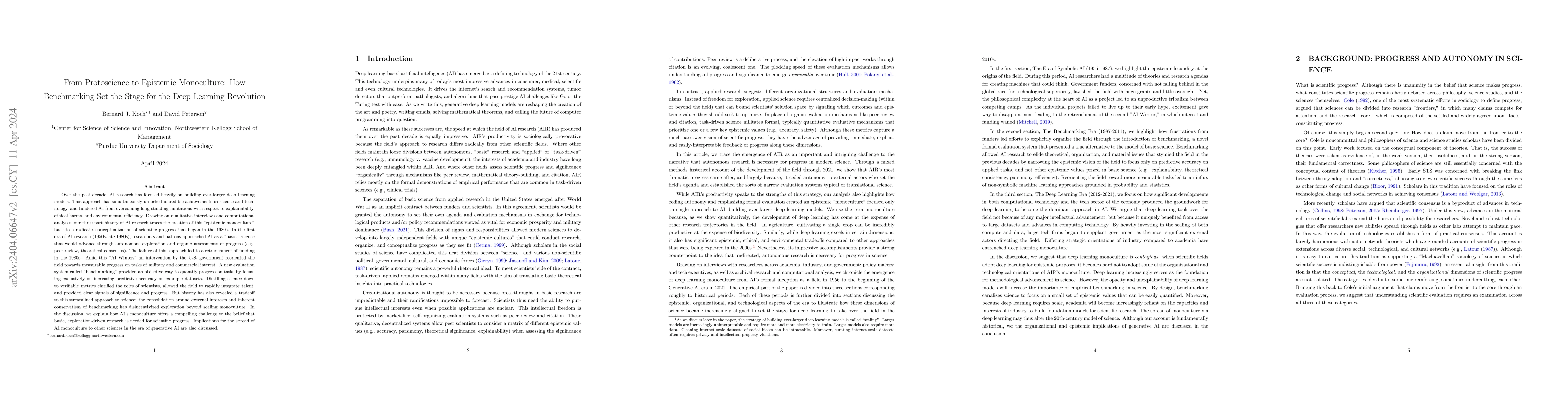 Thumbnail for From Protoscience to Epistemic Monoculture: How Benchmarking Set the
  Stage for the Deep Learning Revolution