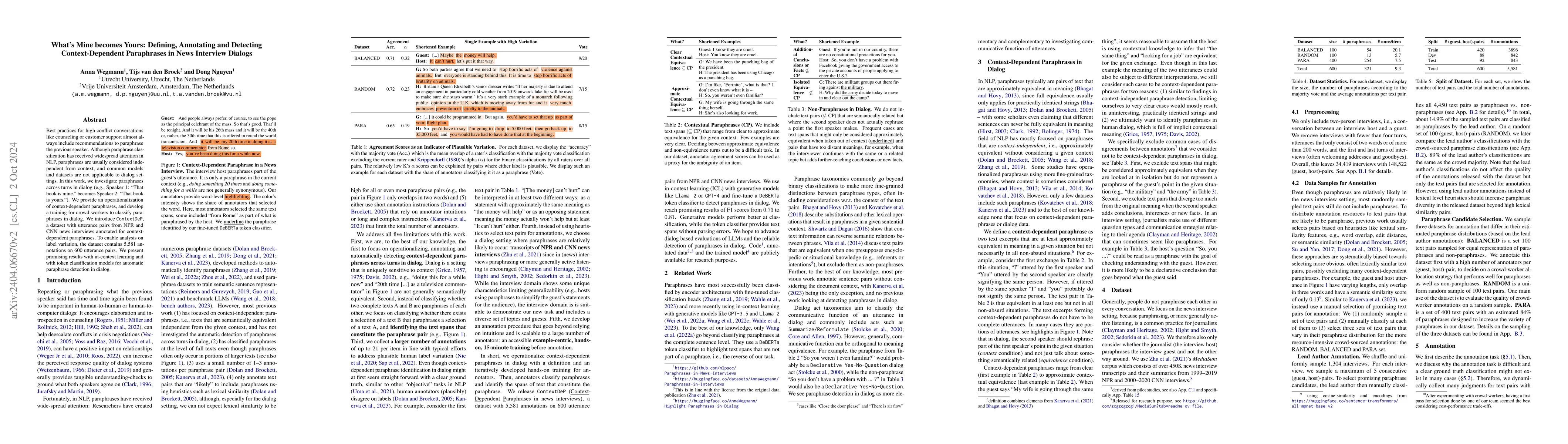 Thumbnail for What's Mine becomes Yours: Defining, Annotating and Detecting
  Context-Dependent Paraphrases in News Interview Dialogs