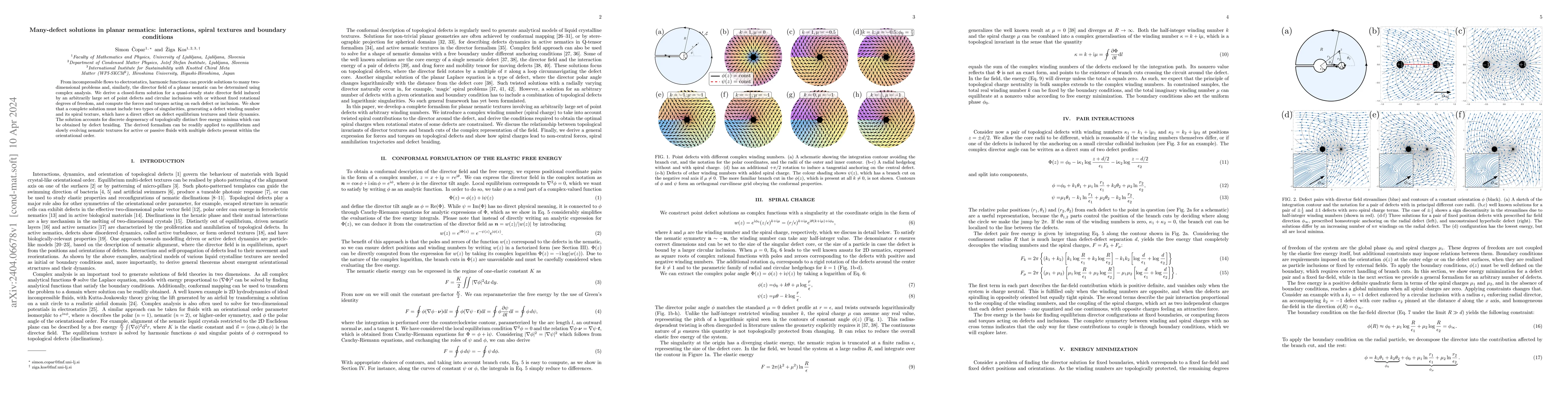 Thumbnail for Many-defect solutions in planar nematics: interactions, spiral textures
  and boundary conditions