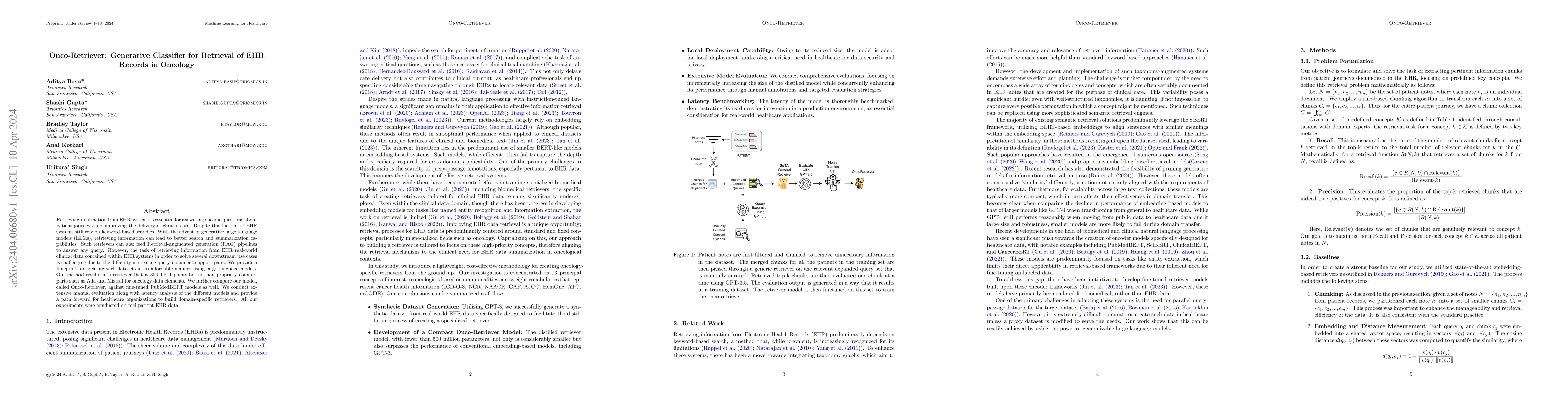 Thumbnail for Onco-Retriever: Generative Classifier for Retrieval of EHR Records in
  Oncology