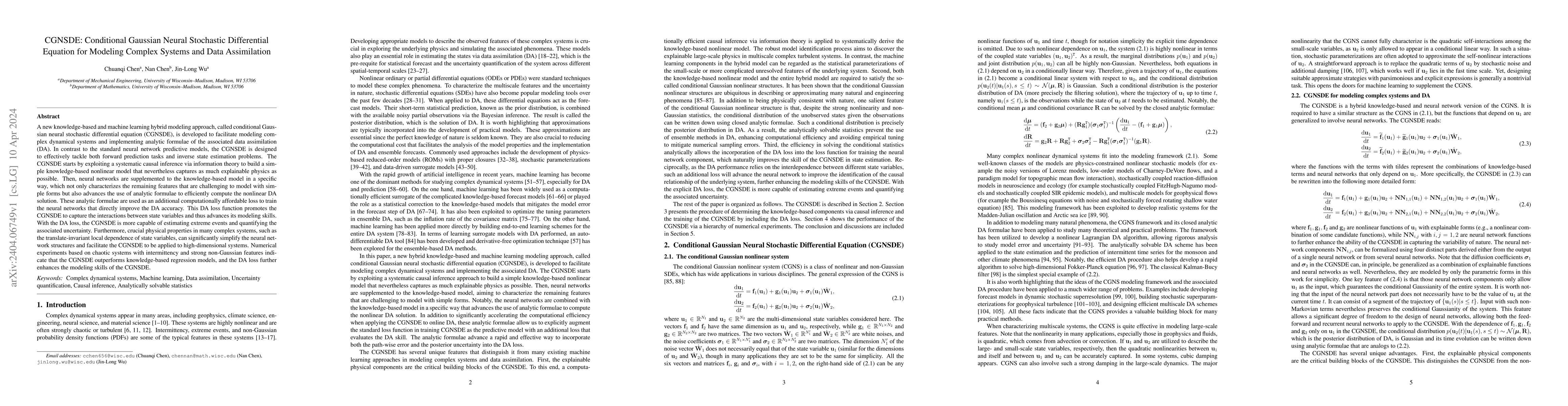 Thumbnail for CGNSDE: Conditional Gaussian Neural Stochastic Differential Equation for
  Modeling Complex Systems and Data Assimilation