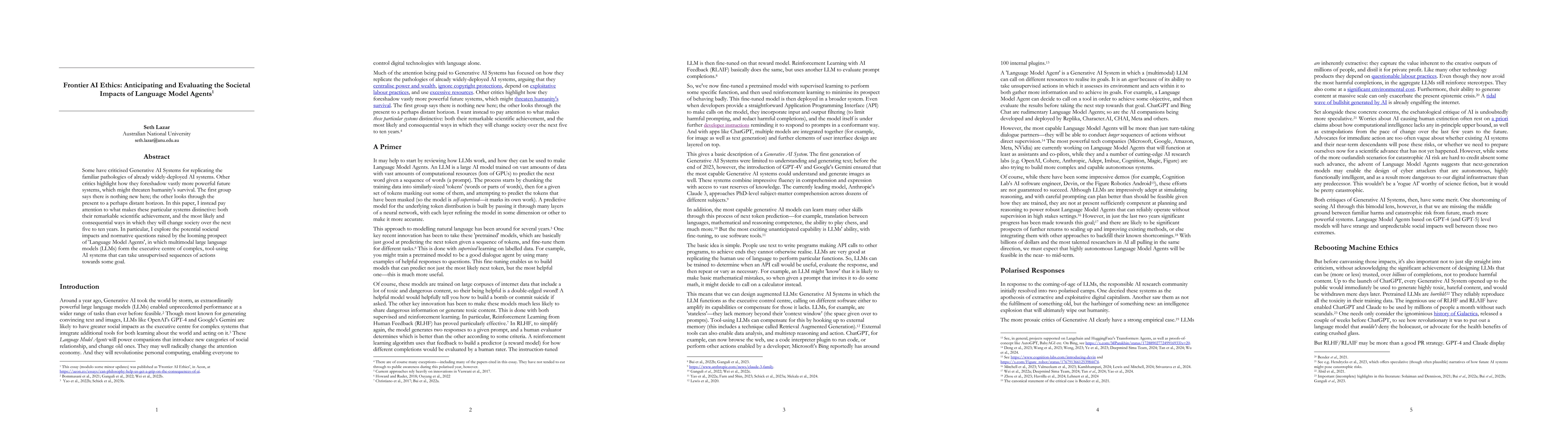 Thumbnail for Frontier AI Ethics: Anticipating and Evaluating the Societal Impacts of
  Generative Agents