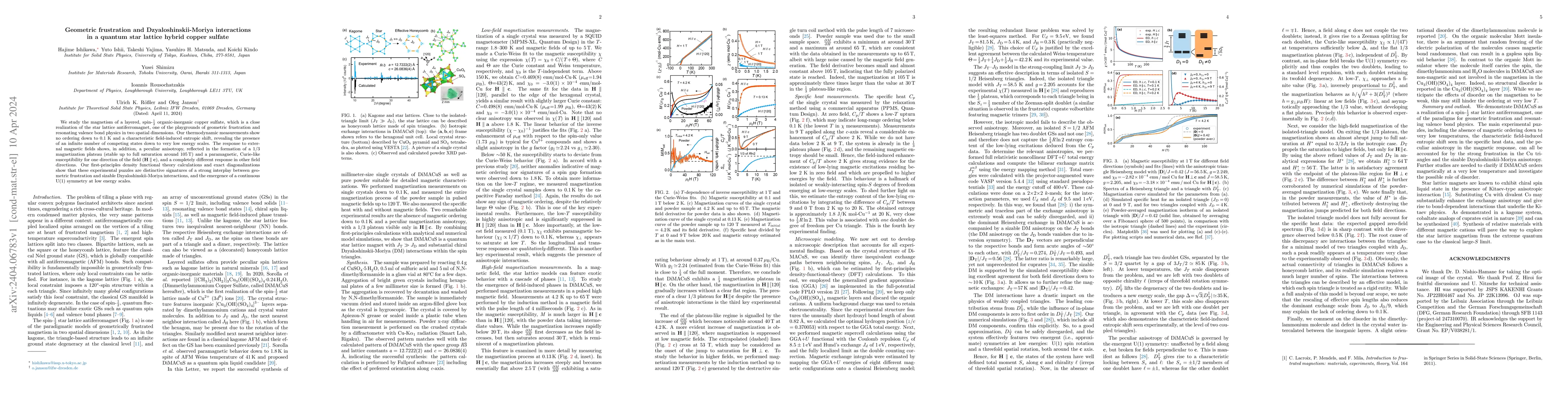 Thumbnail for Geometric frustration and Dzyaloshinskii-Moriya interactions in a
  quantum star lattice hybrid copper sulfate