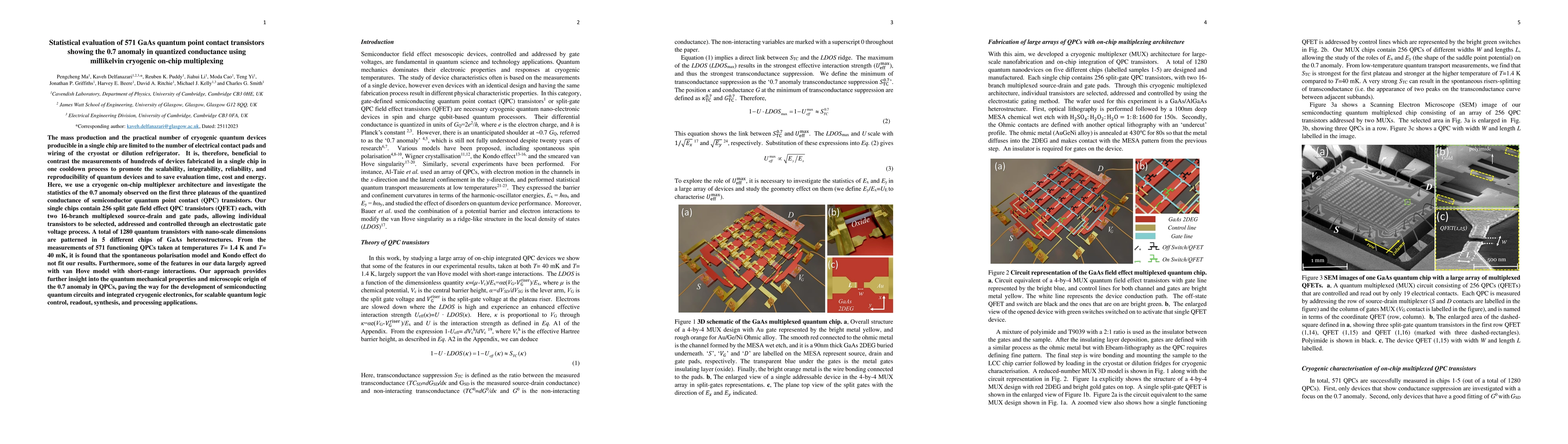 Thumbnail for Statistical evaluation of 571 GaAs quantum point contact transistors
  showing the 0.7 anomaly in quantized conductance using millikelvin cryogenic
  on-chip multiplexing