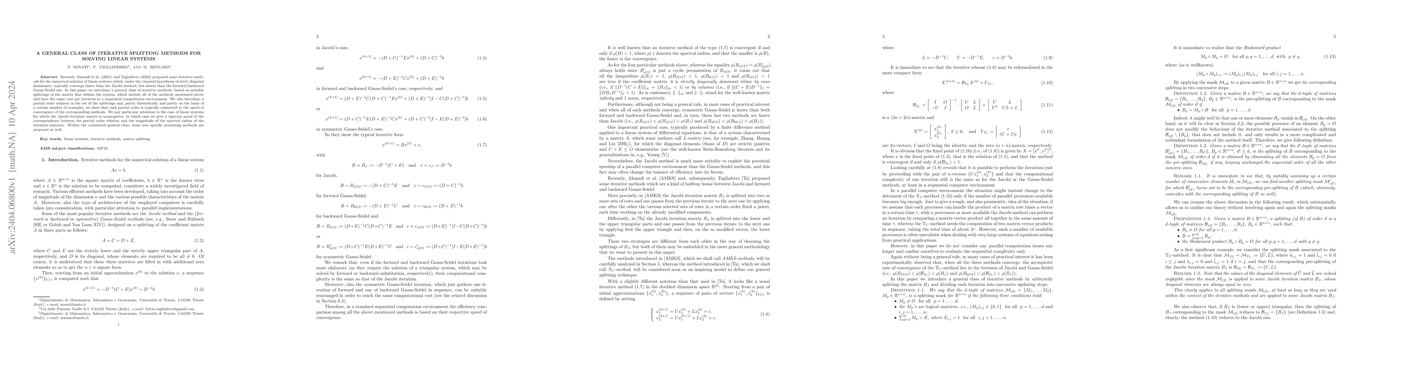 Thumbnail for A general class of iterative splitting methods for solving linear
  systems