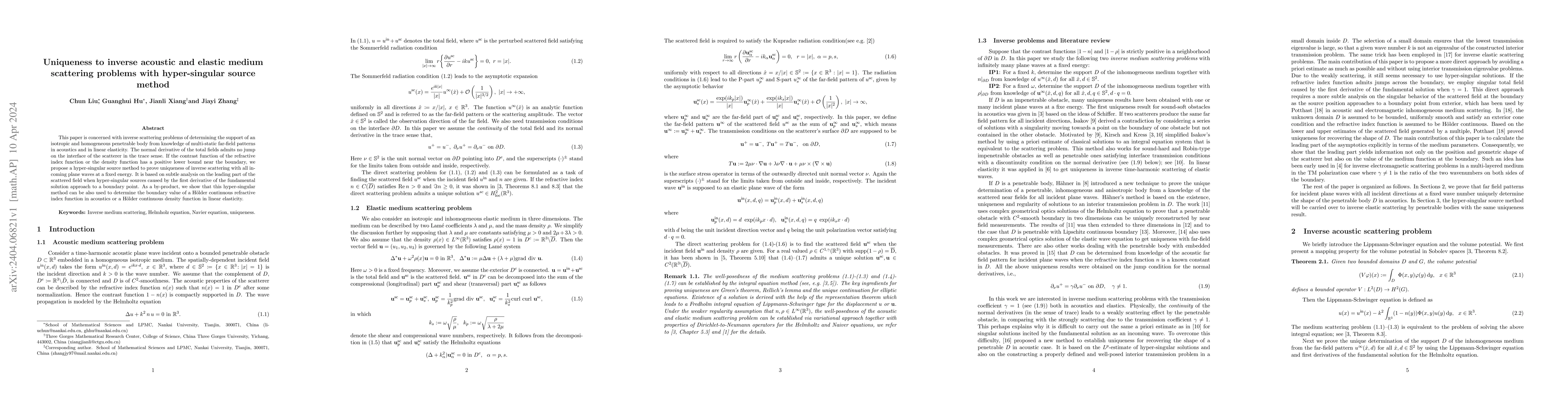 Thumbnail for Uniqueness to inverse acoustic and elastic medium scattering problems
  with hyper-singular source method