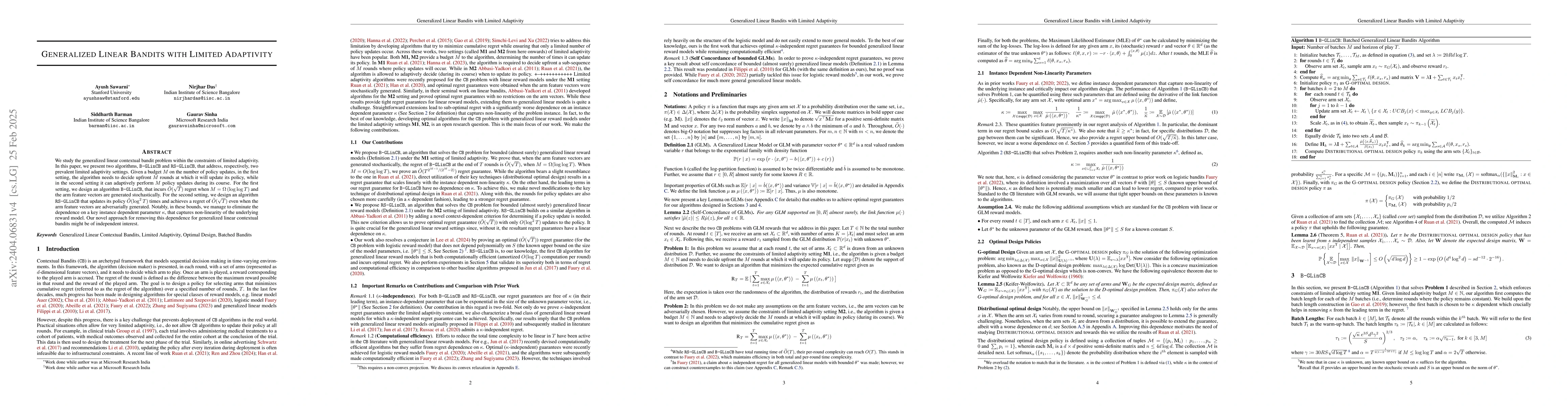 Thumbnail for Generalized Linear Bandits with Limited Adaptivity