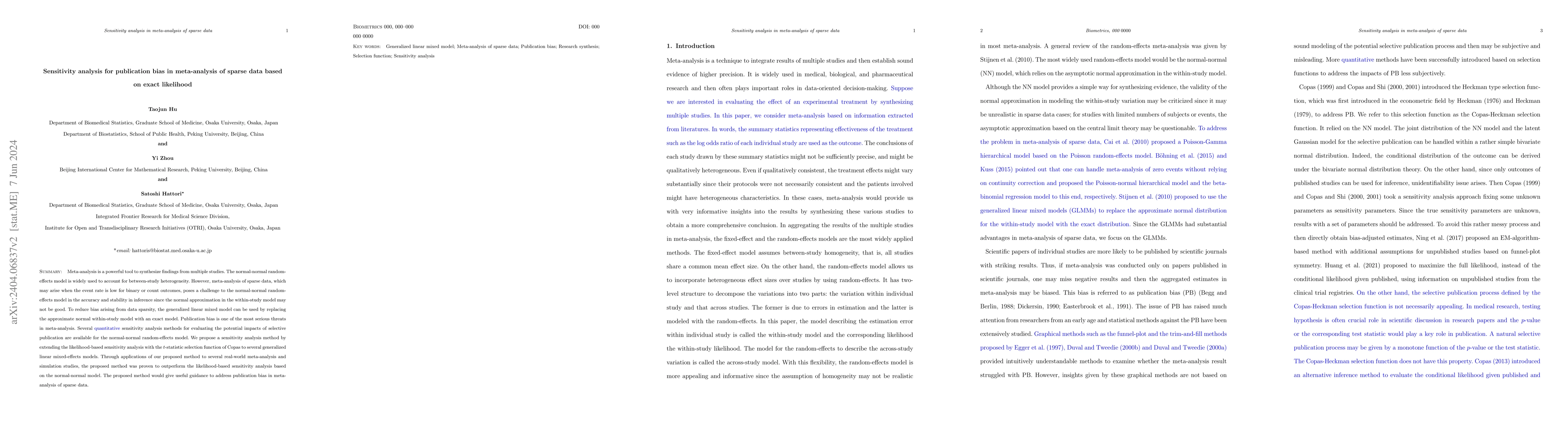 Thumbnail for Sensitivity analysis for publication bias in meta-analysis of sparse
  data based on exact likelihood