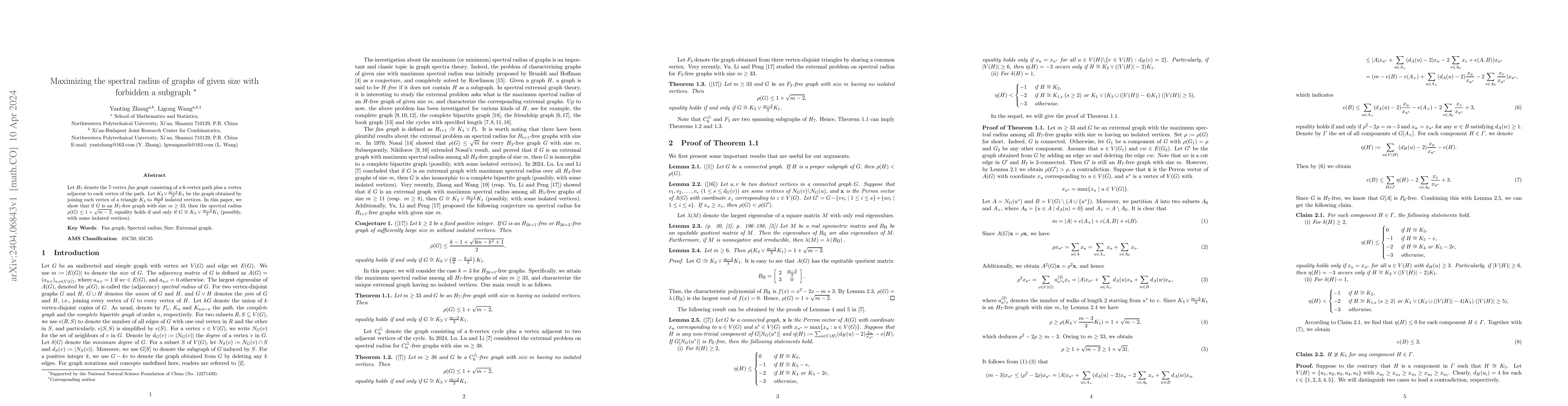 Thumbnail for Maximizing the spectral radius of graphs of given size with forbidden a
  subgraph