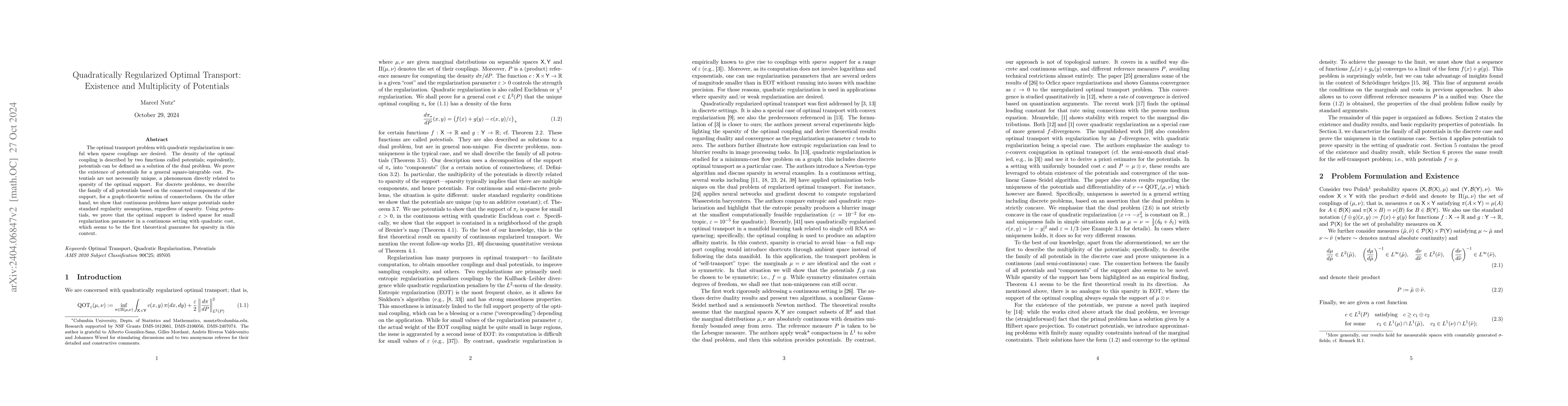 Thumbnail for Quadratically Regularized Optimal Transport: Existence and Multiplicity
  of Potentials