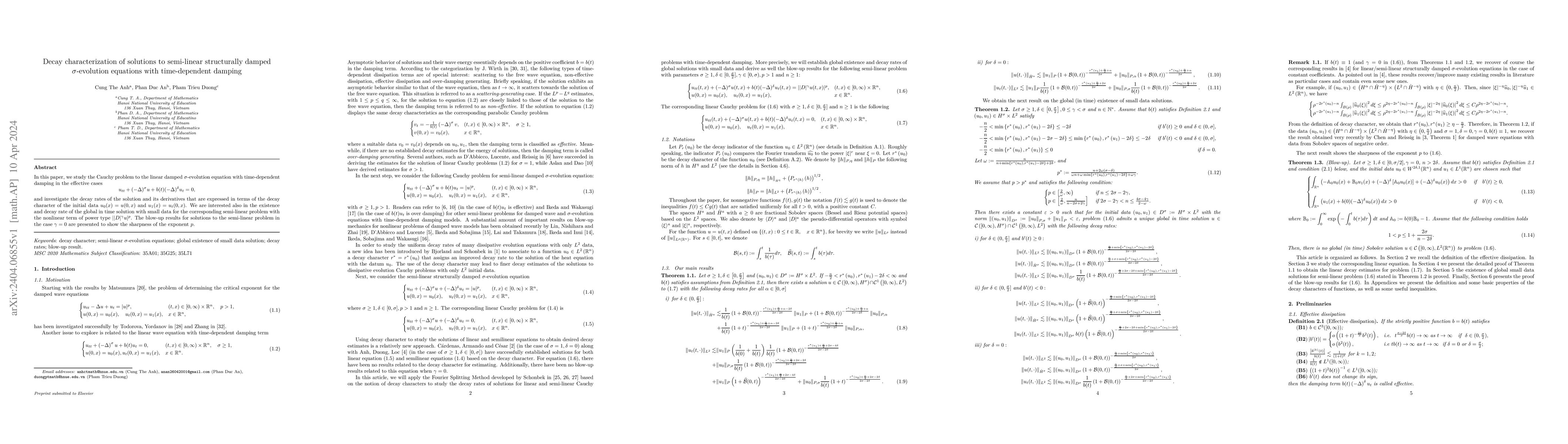 Thumbnail for Decay characterization of solutions to semi-linear structurally damped
  $\sigma$-evolution equations with time-dependent damping