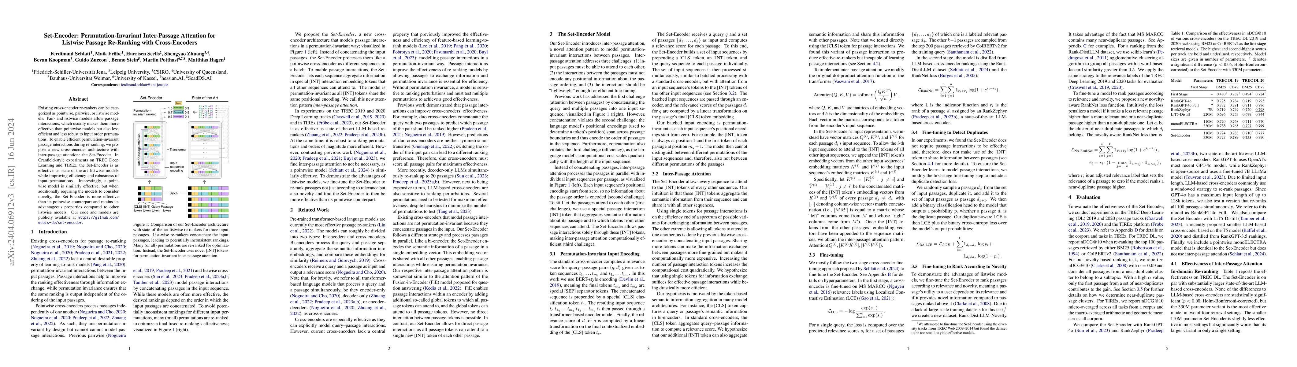Thumbnail for Set-Encoder: Permutation-Invariant Inter-Passage Attention for Listwise
  Passage Re-Ranking with Cross-Encoders
