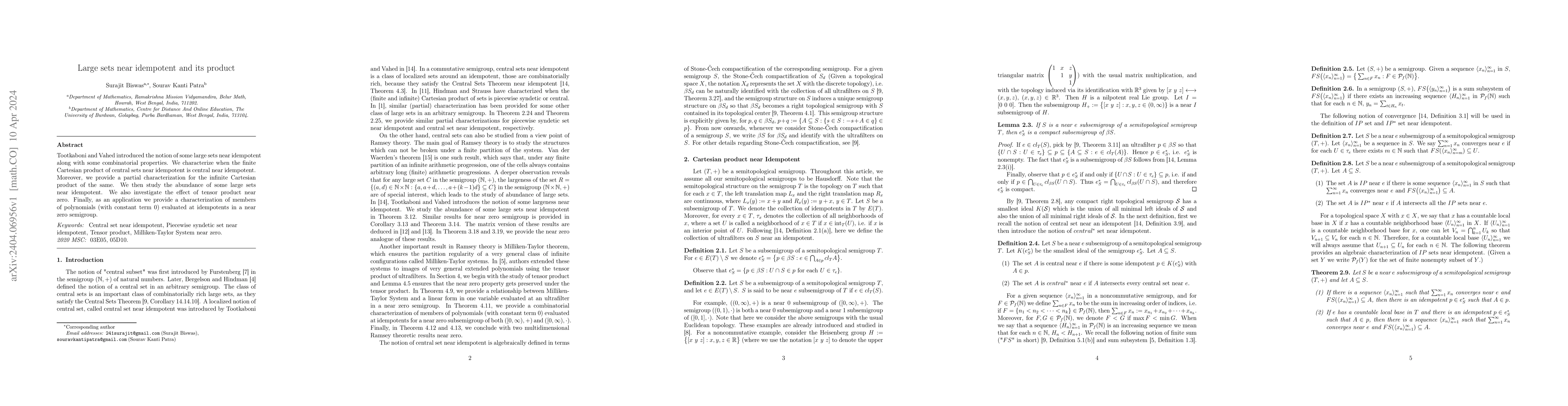 Thumbnail for Large sets near idempotent and its product
