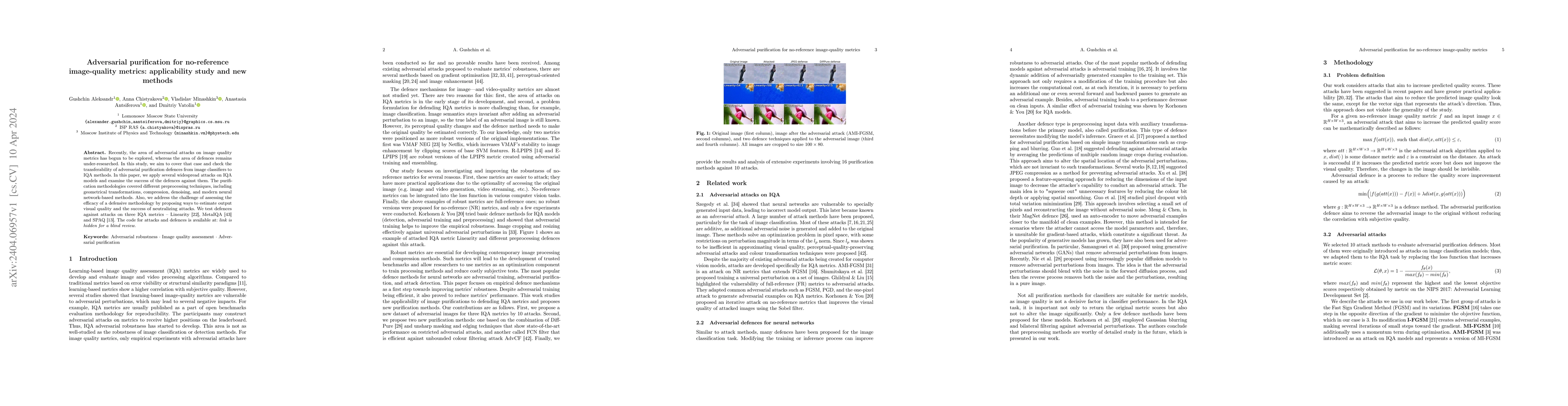 Thumbnail for Adversarial purification for no-reference image-quality metrics:
  applicability study and new methods
