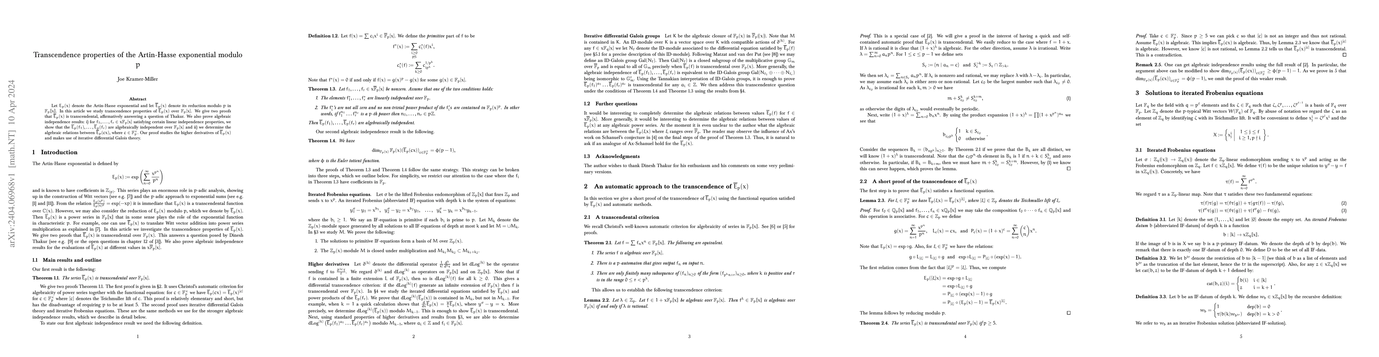 Thumbnail for Transcendence properties of the Artin-Hasse exponential modulo $p$