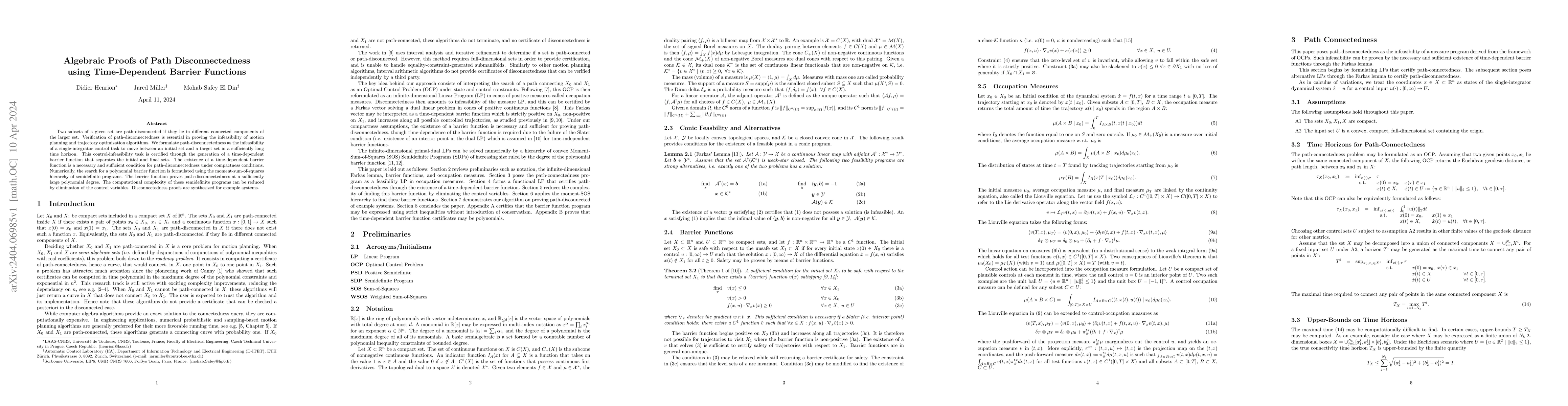 Thumbnail for Algebraic Proofs of Path Disconnectedness using Time-Dependent Barrier
  Functions