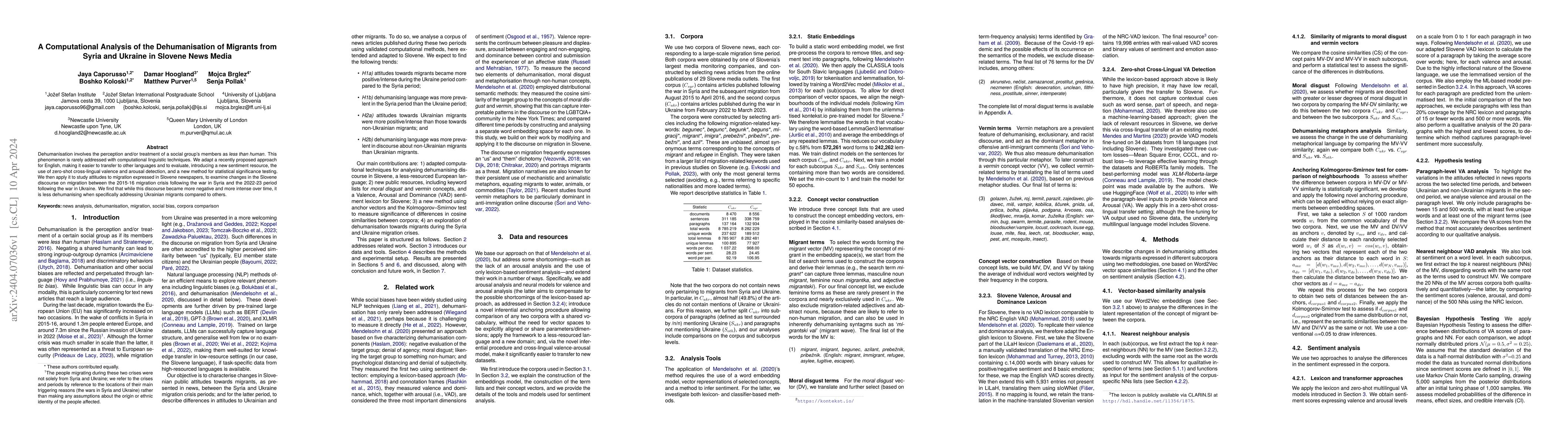 Thumbnail for A Computational Analysis of the Dehumanisation of Migrants from Syria
  and Ukraine in Slovene News Media