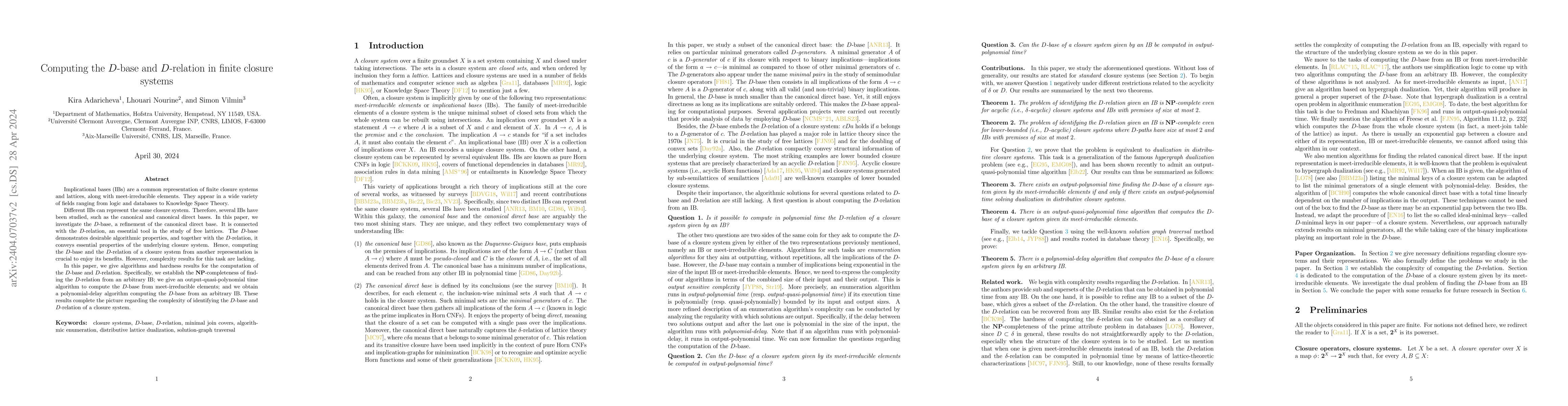 Thumbnail for Computing the $D$-base and $D$-relation in finite closure systems