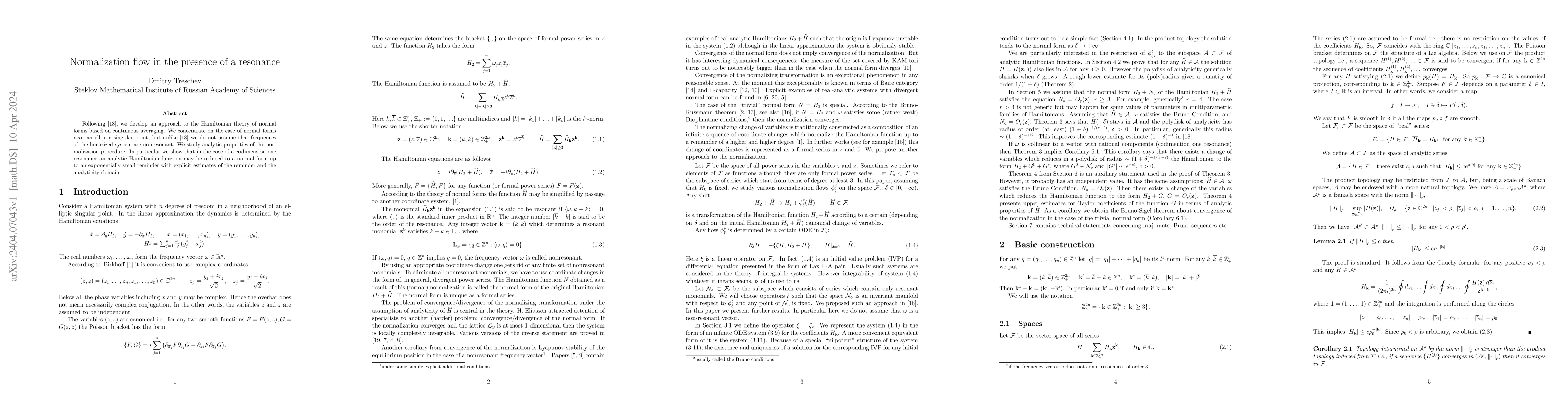 Thumbnail for Normalization flow in the presence of a resonance