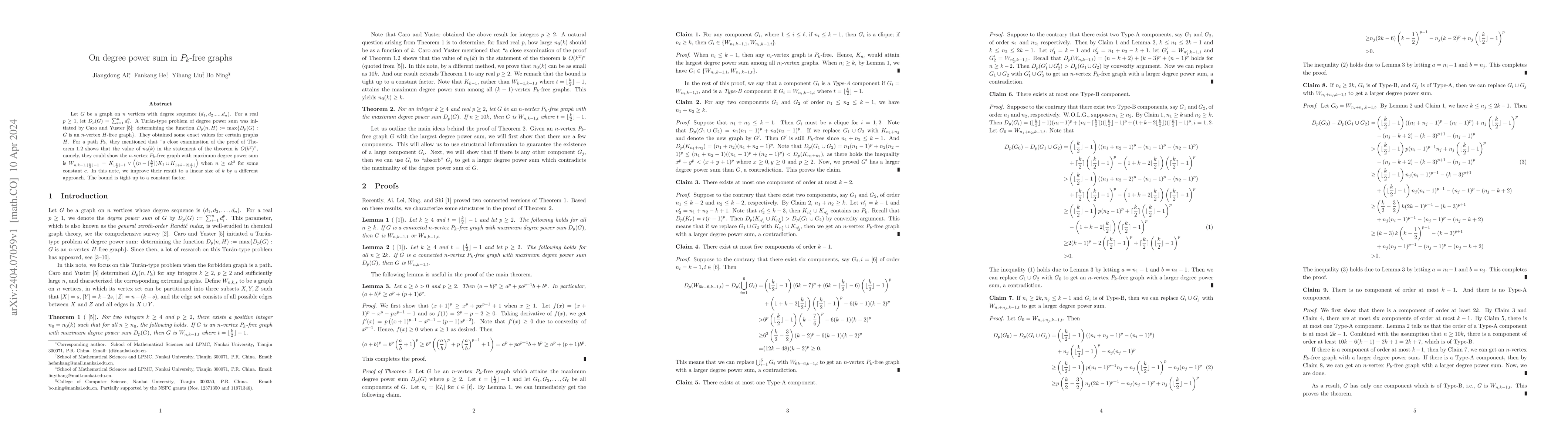 Thumbnail for On degree power sum in $P_k$-free graphs