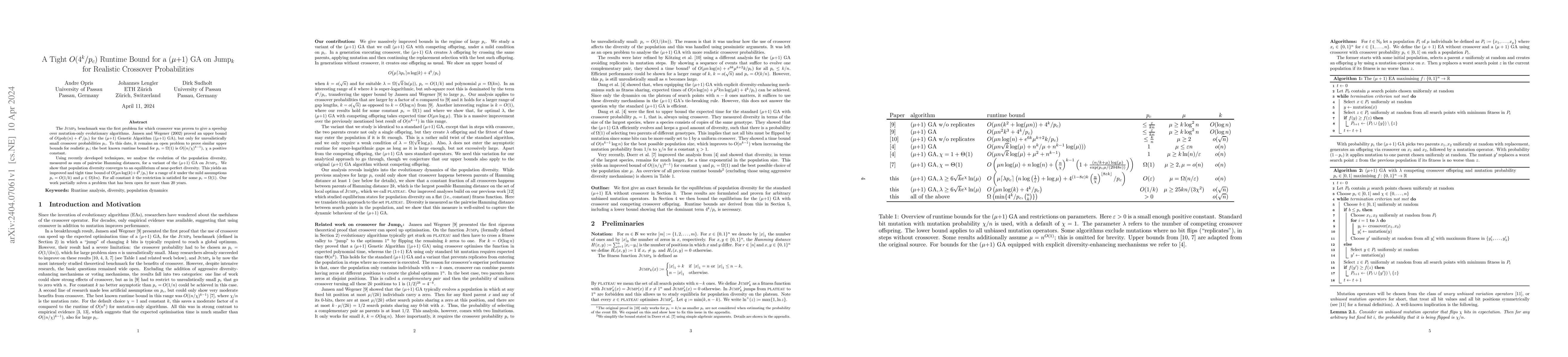 Thumbnail for A Tight $O(4^k/p_c)$ Runtime Bound for a ($\mu$+1) GA on Jump$_k$ for
  Realistic Crossover Probabilities