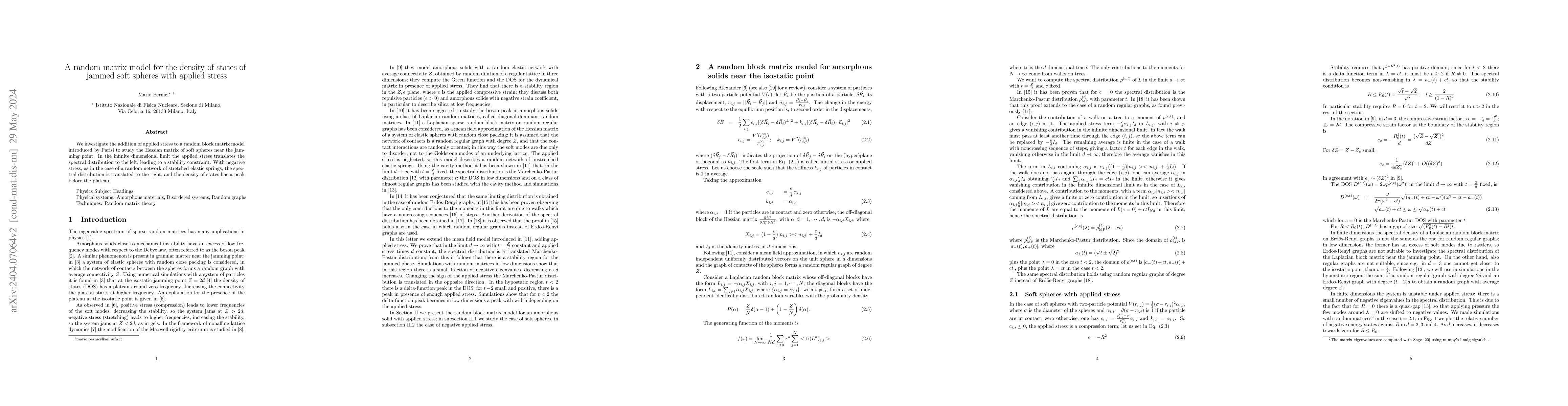 Thumbnail for A random matrix model for the density of states of jammed soft spheres
  with applied stress