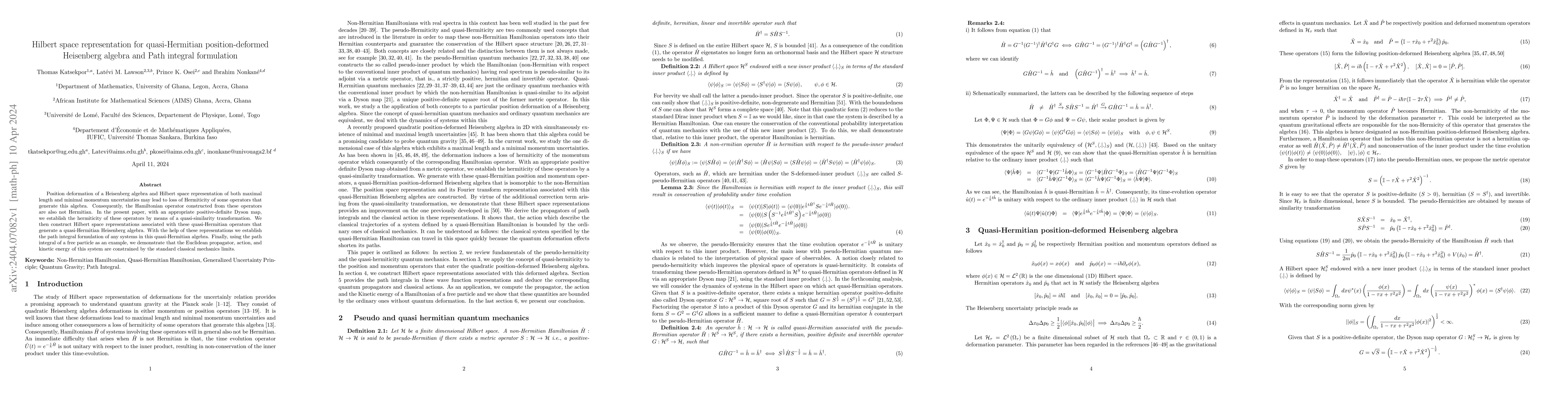 Thumbnail for Hilbert space representation for quasi-Hermitian position-deformed
  Heisenberg algebra and Path integral formulation