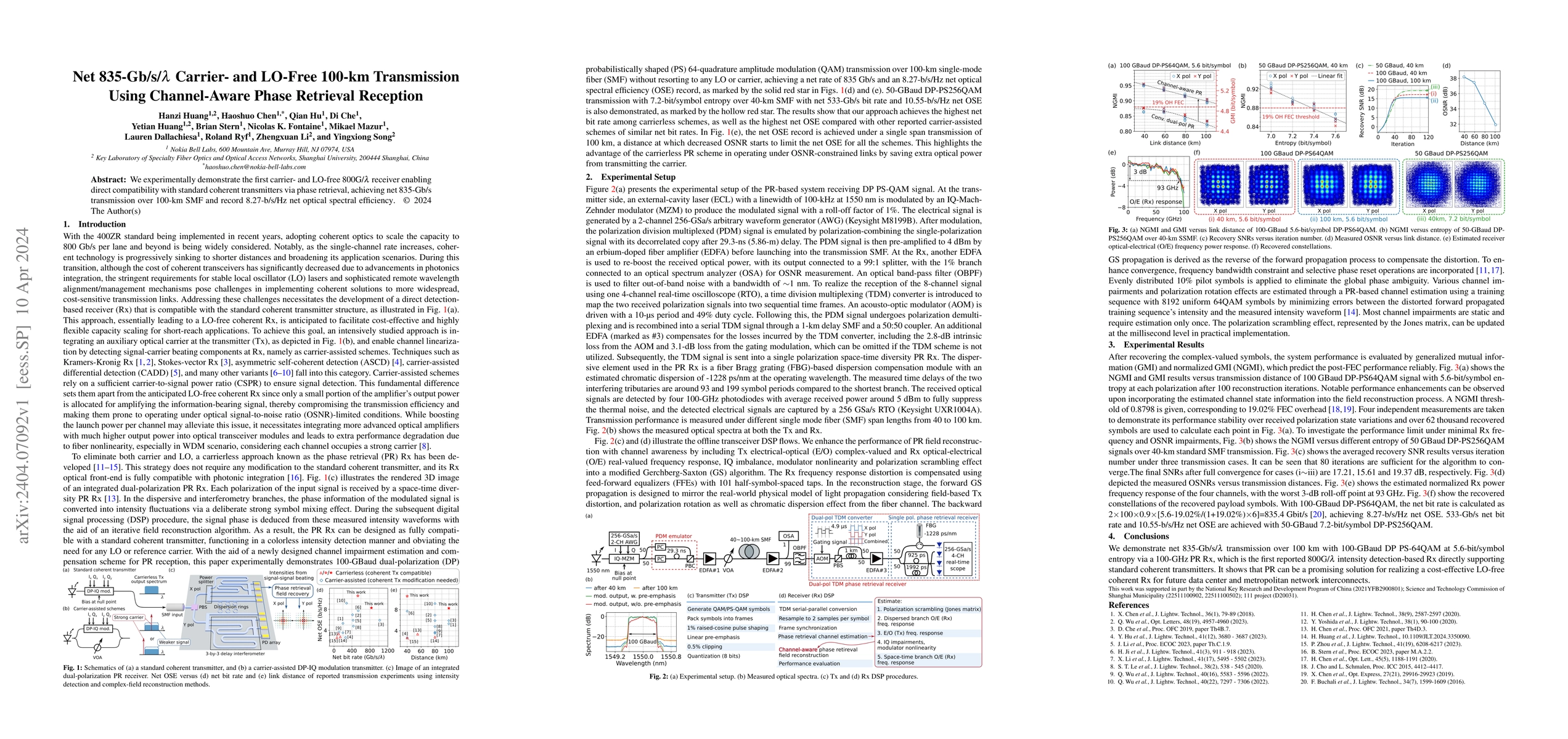 Thumbnail for Net 835-Gb/s/{\lambda} Carrier- and LO-Free 100-km Transmission Using
  Channel-Aware Phase Retrieval Reception