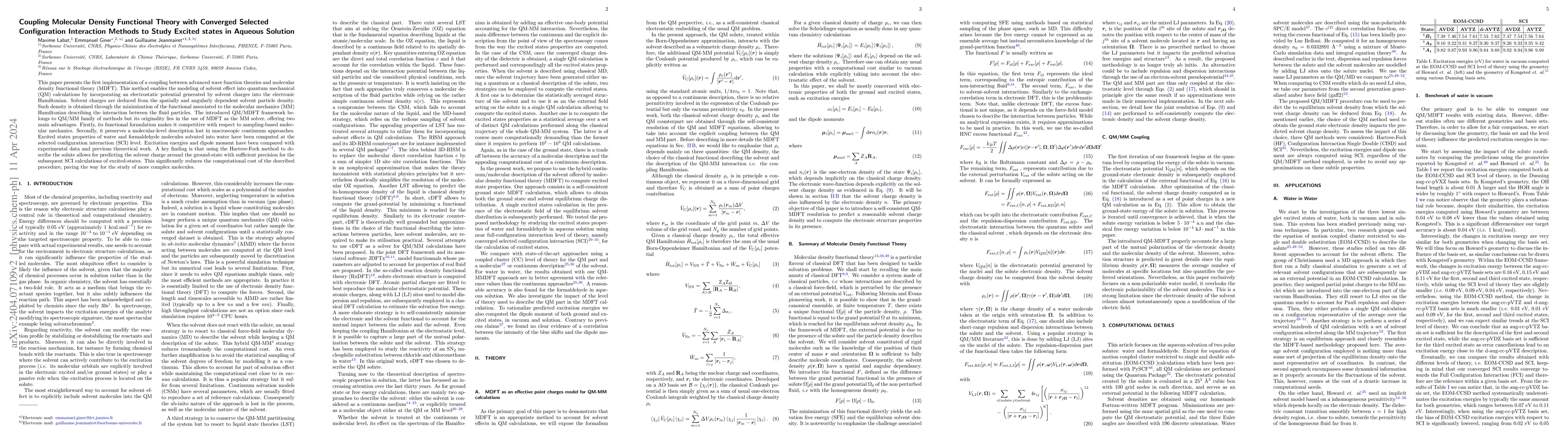 Thumbnail for Coupling Molecular Density Functional Theory with Converged Selected
  Configuration Interaction Methods to Study Excited states in Aqueous Solution
