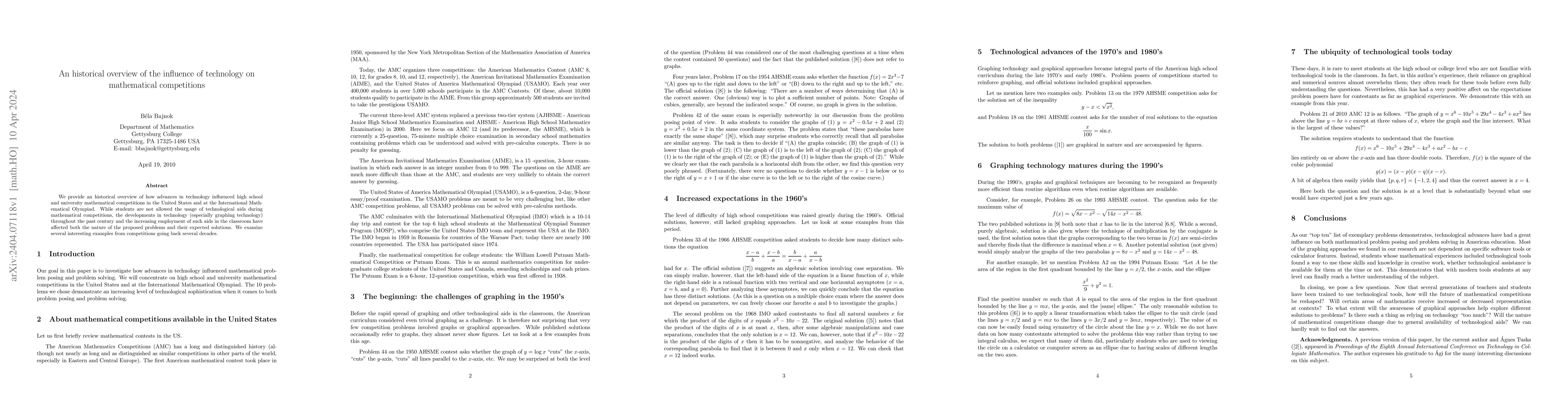 Thumbnail for An historical overview of the influence of technology on mathematical
  competitions