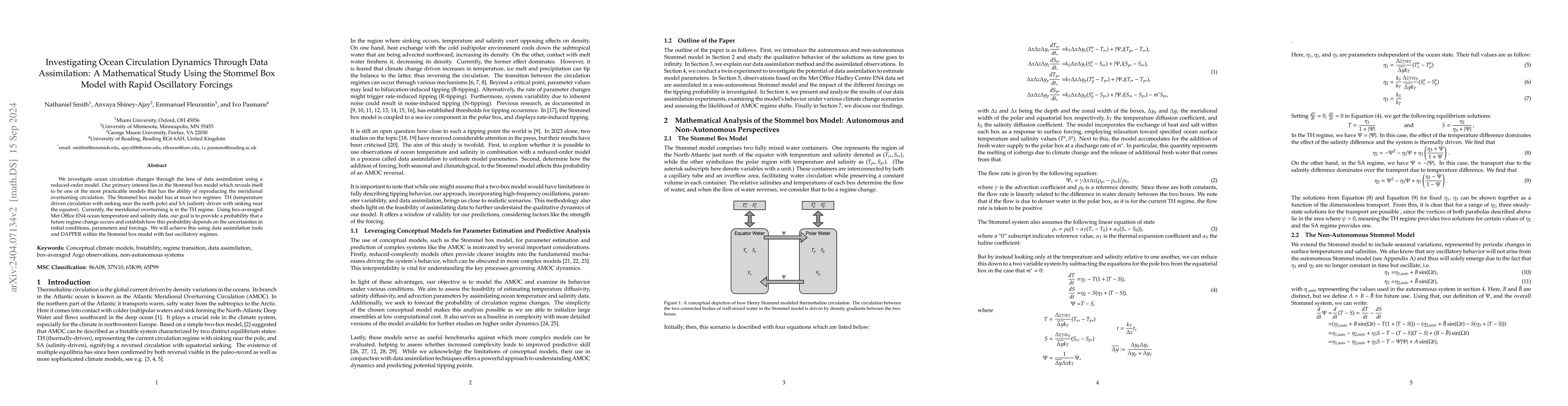 Thumbnail for Investigating Ocean Circulation Dynamics Through Data Assimilation: A
  Mathematical Study Using the Stommel Box Model with Rapid Oscillatory
  Forcings