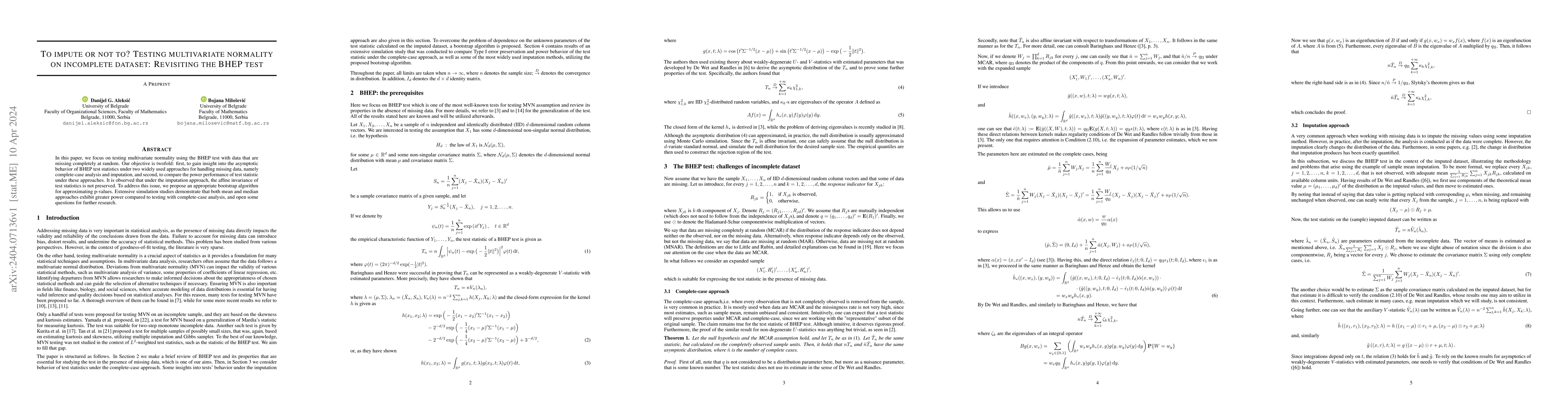 Thumbnail for To impute or not to? Testing multivariate normality on incomplete
  dataset: Revisiting the BHEP test
