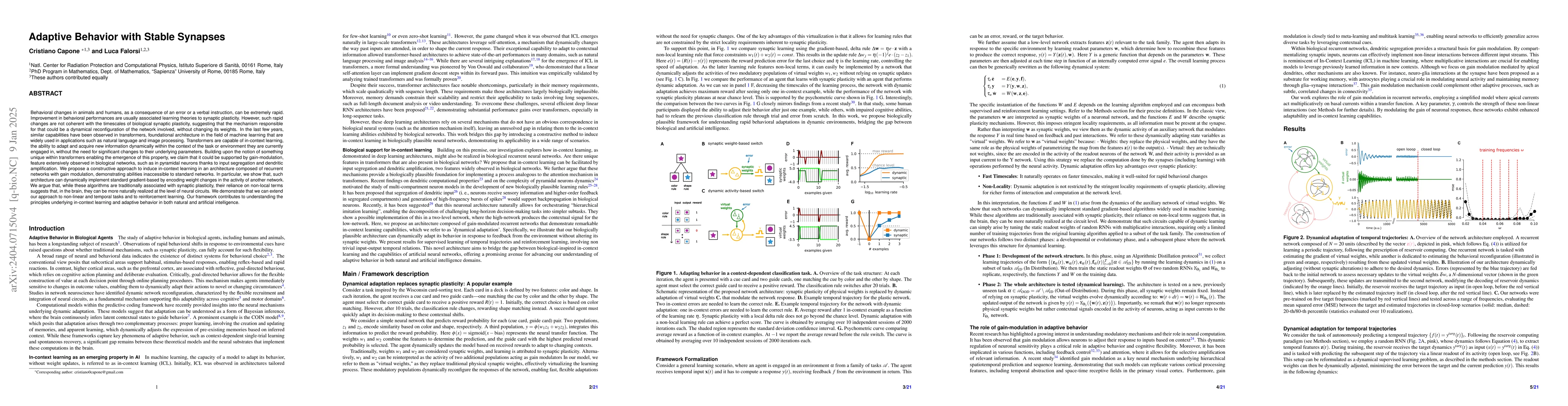 Thumbnail for Adaptive behavior with stable synapses