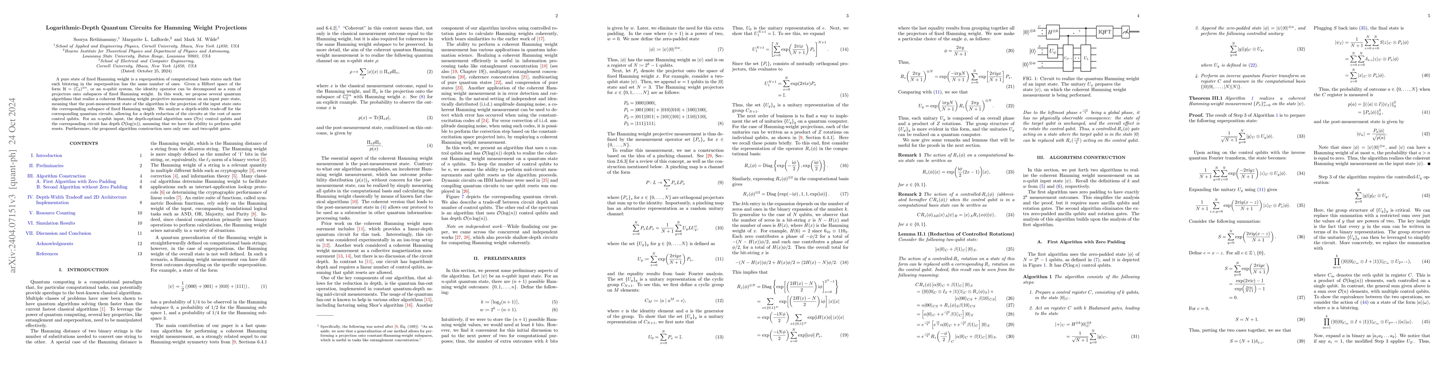 Thumbnail for Logarithmic-Depth Quantum Circuits for Hamming Weight Projections