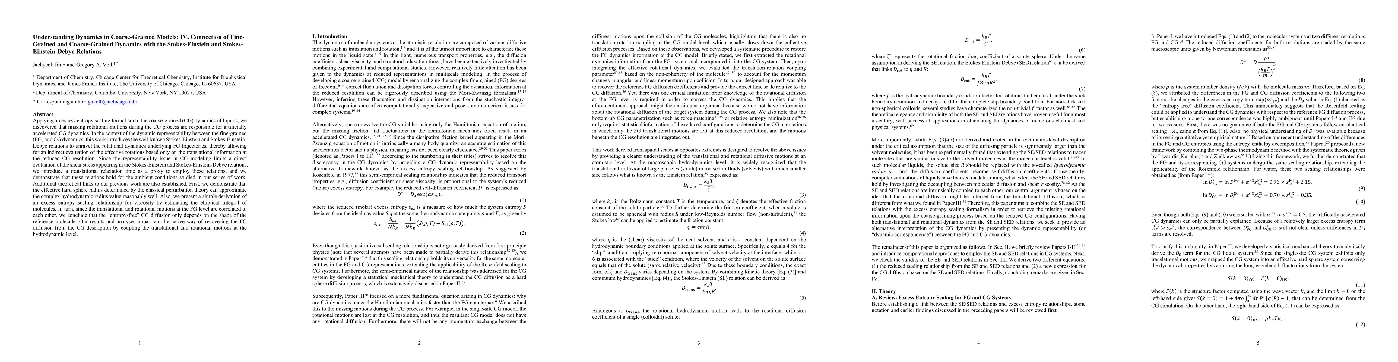 Thumbnail for Understanding Dynamics in Coarse-Grained Models: IV. Connection of
  Fine-Grained and Coarse-Grained Dynamics with the Stokes-Einstein and
  Stokes-Einstein-Debye Relations