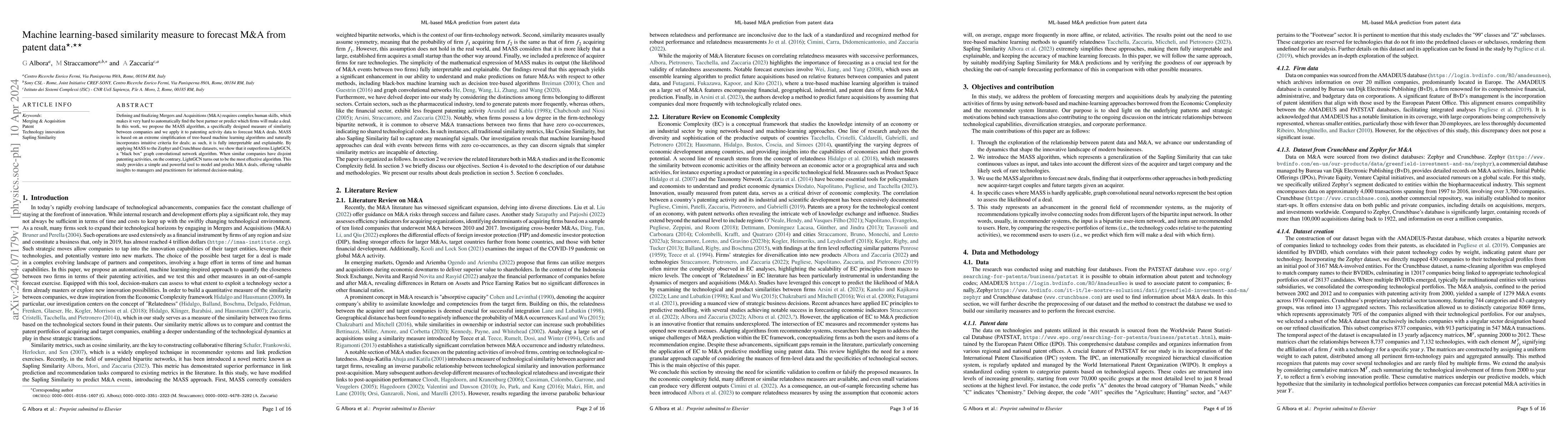 Thumbnail for Machine learning-based similarity measure to forecast M&A from patent
  data