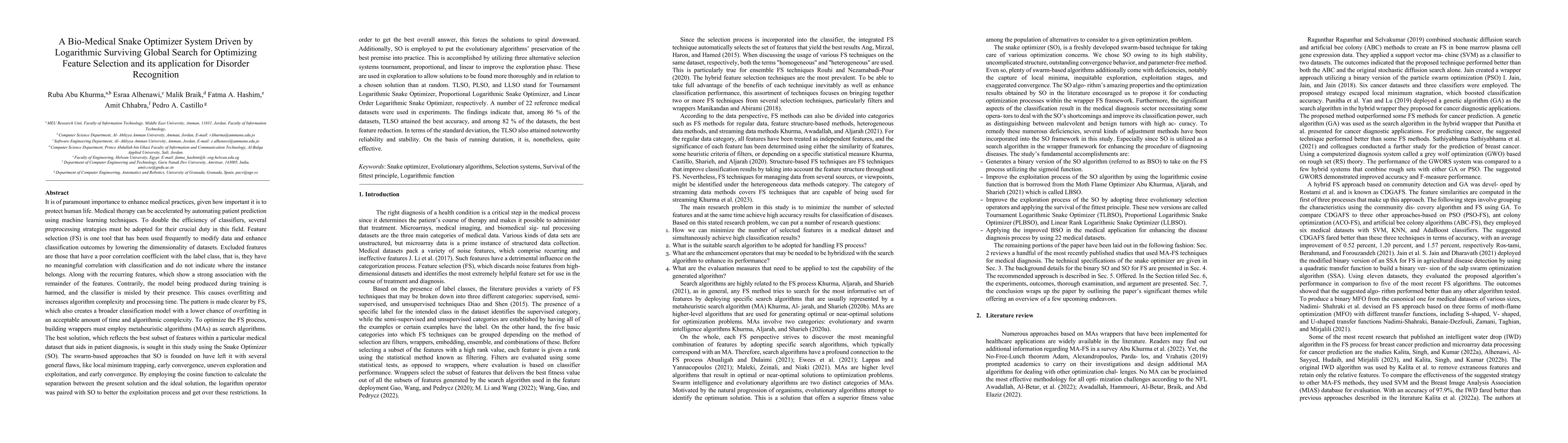 Thumbnail for A Bio-Medical Snake Optimizer System Driven by Logarithmic Surviving
  Global Search for Optimizing Feature Selection and its application for
  Disorder Recognition